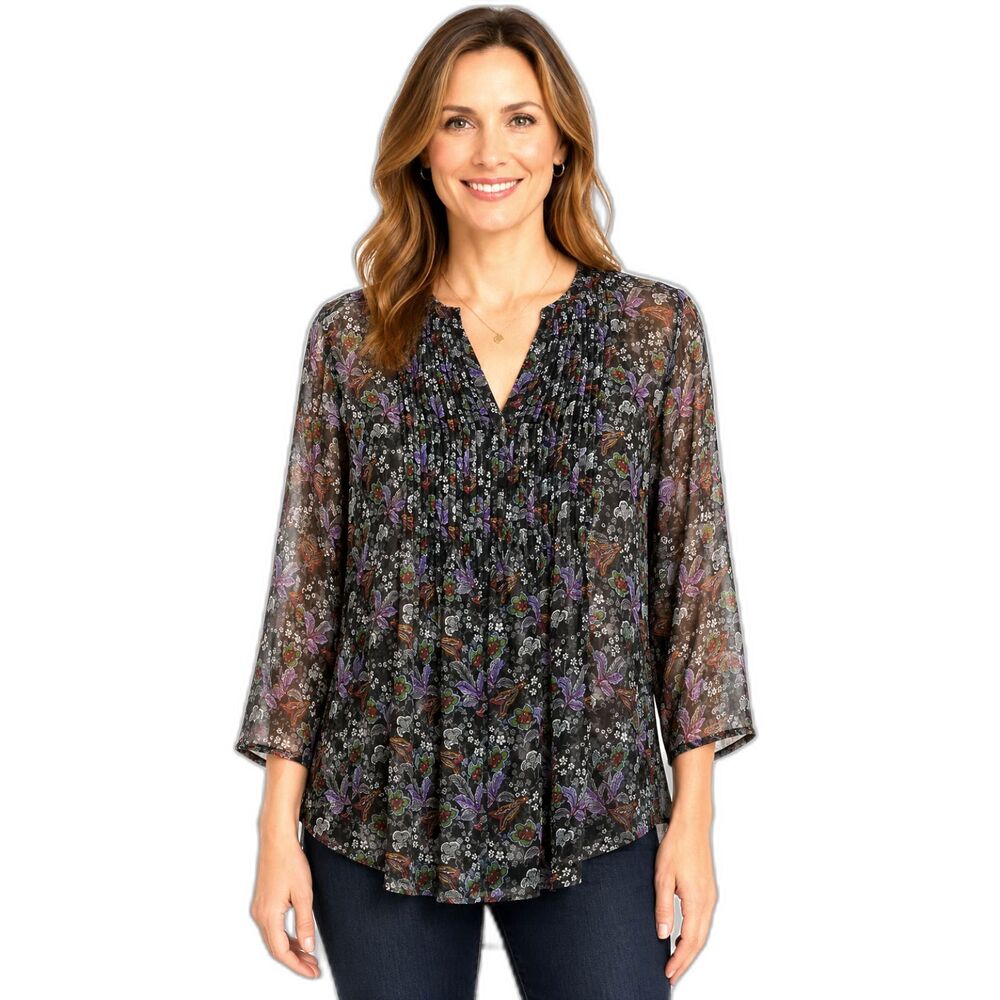 Paradigma Boho Sheer Floral Romantic Pintuck Blouse Medium